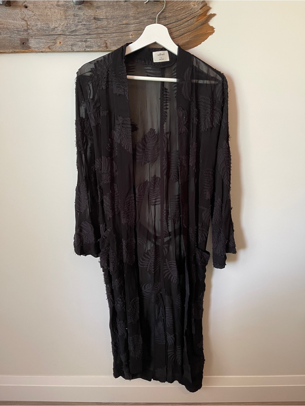 Wilfred Black Sheer Kimono Robe with Leaf Appliqué